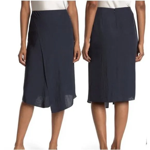 Vince Faux Wrap Knee Length Midi Silk Skirt - 2 - Black
