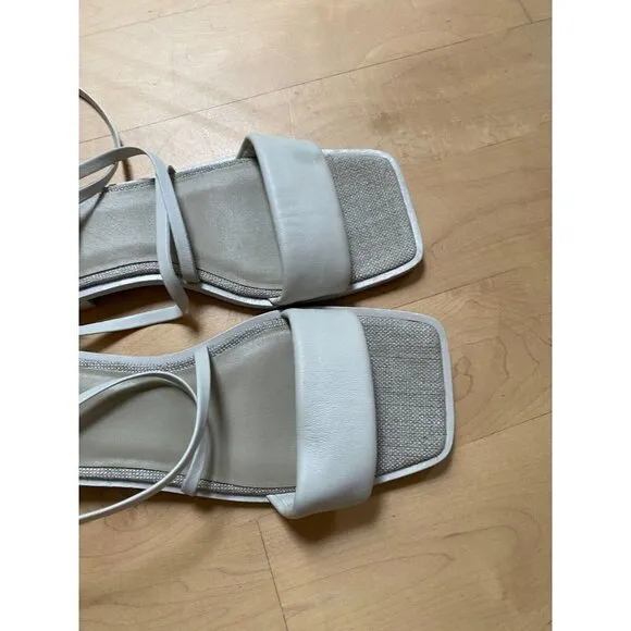 Vince Women's BNW)T Ivory &quot;Layla&quot; sandals sz 9.5 leather ankle wrap Flaw - stain