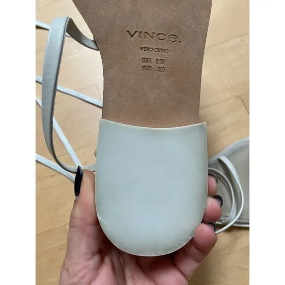 Vince Women's BNW)T Ivory &quot;Layla&quot; sandals sz 9.5 leather ankle wrap Flaw - stain
