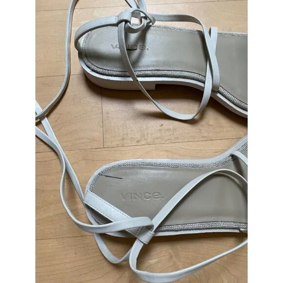 Vince Women's BNW)T Ivory &quot;Layla&quot; sandals sz 9.5 leather ankle wrap Flaw - stain