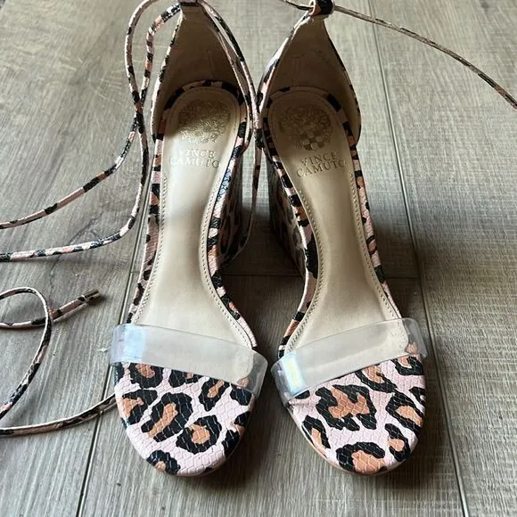 Vince Camuto Pink Leopard Lace Up Wrap Heels US 6.5