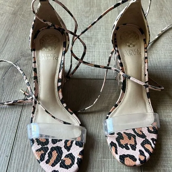 Vince Camuto Pink Leopard Lace Up Wrap Heels US 6.5