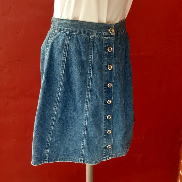 Vintage 90's Button Front Mini Skater Denim A-line Skirt Small Summer Blogger