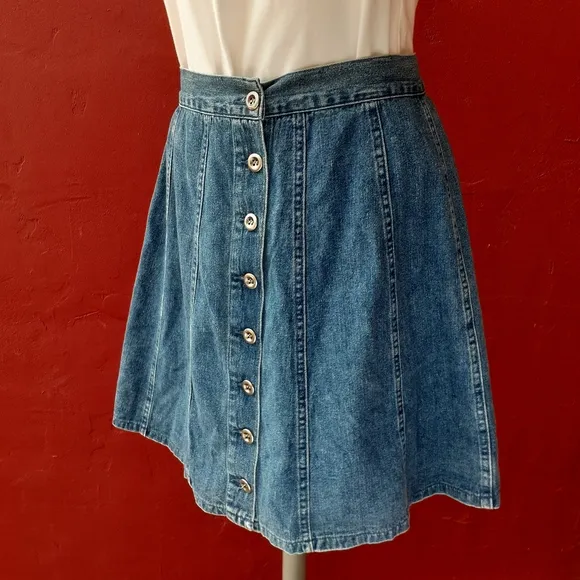 Vintage 90's Button Front Mini Skater Denim A-line Skirt Small Summer Blogger