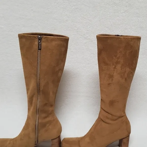 VINTAGE 90s Candies Caramel Faux Suede Stacked Heel Square Toe Knee High Boots 8