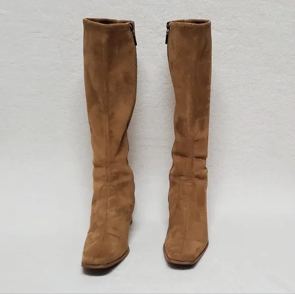 VINTAGE 90s Candies Caramel Faux Suede Stacked Heel Square Toe Knee High Boots 8