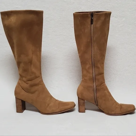 VINTAGE 90s Candies Caramel Faux Suede Stacked Heel Square Toe Knee High Boots 8