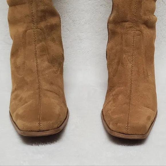 VINTAGE 90s Candies Caramel Faux Suede Stacked Heel Square Toe Knee High Boots 8