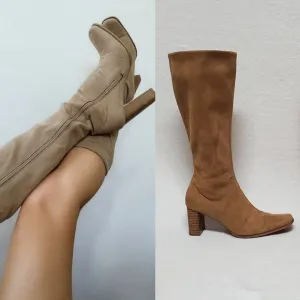 VINTAGE 90s Candies Caramel Faux Suede Stacked Heel Square Toe Knee High Boots 8