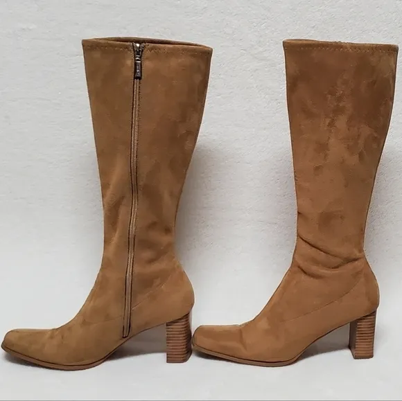 VINTAGE 90s Candies Caramel Faux Suede Stacked Heel Square Toe Knee High Boots 8