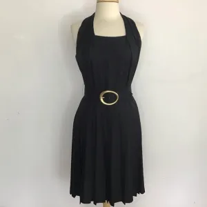 Vintage 90’s Gillian Black Silk Halter neck. Pleated skirt selfbelted dress 8