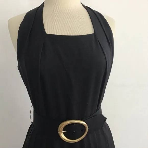 Vintage 90’s Gillian Black Silk Halter neck. Pleated skirt selfbelted dress 8