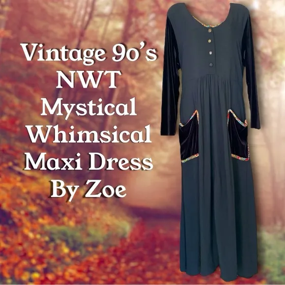 Vintage 90s NWT‎ Black Whimsical Mystical Maxi Dress By Zoe With Velvet Sleeves