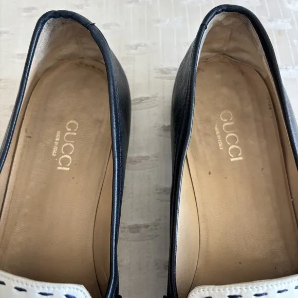 Vintage Gucci navy and white gold horsebit loafers