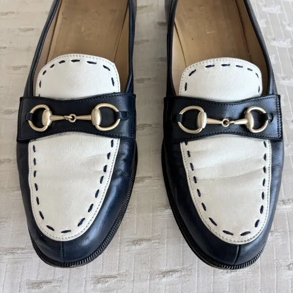 Vintage Gucci navy and white gold horsebit loafers