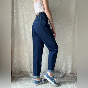 Vintage Lee High Waisted Mom Jeans 80s Tapered Dark Wash Denim 24x31 USA Made