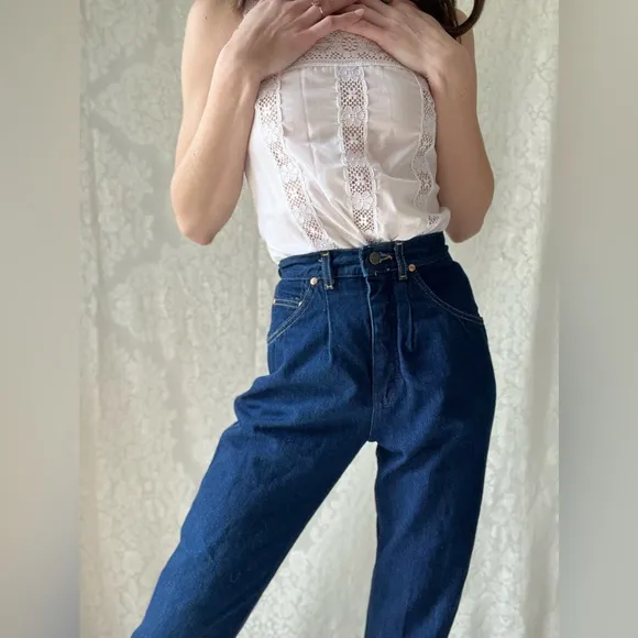 Vintage Lee High Waisted Mom Jeans 80s Tapered Dark Wash Denim 24x31 USA Made