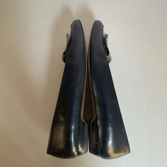 Vintage Pappagallo Navy Blue Leather Flats 8.5M Made in Spain Gold Anchor