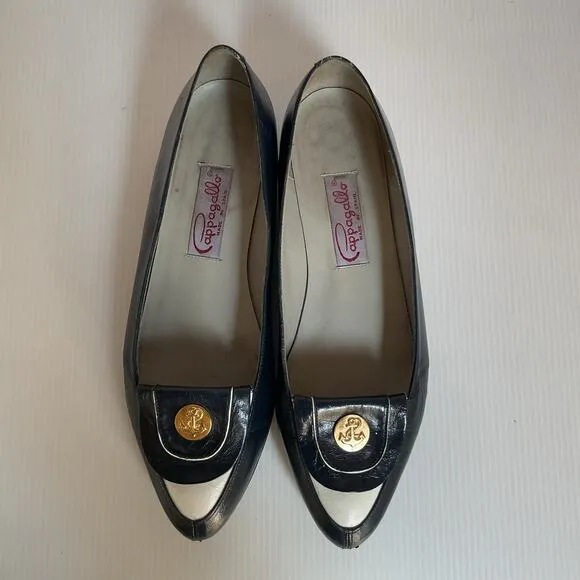 Vintage Pappagallo Navy Blue Leather Flats 8.5M Made in Spain Gold Anchor
