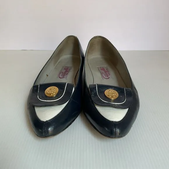 Vintage Pappagallo Navy Blue Leather Flats 8.5M Made in Spain Gold Anchor
