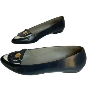 Vintage Pappagallo Navy Blue Leather Flats 8.5M Made in Spain Gold Anchor