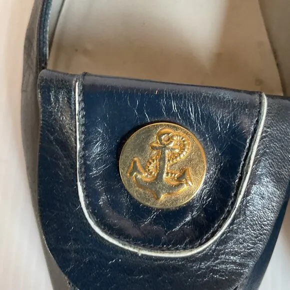 Vintage Pappagallo Navy Blue Leather Flats 8.5M Made in Spain Gold Anchor
