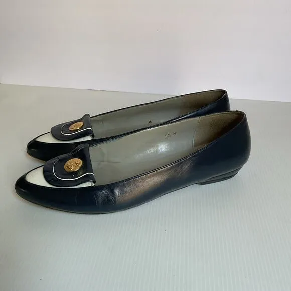 Vintage Pappagallo Navy Blue Leather Flats 8.5M Made in Spain Gold Anchor
