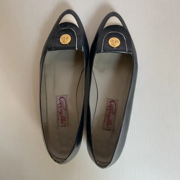 Vintage Pappagallo Navy Blue Leather Flats 8.5M Made in Spain Gold Anchor