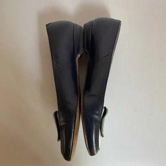 Vintage Pappagallo Navy Blue Leather Flats 8.5M Made in Spain Gold Anchor