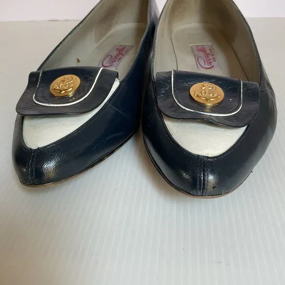 Vintage Pappagallo Navy Blue Leather Flats 8.5M Made in Spain Gold Anchor