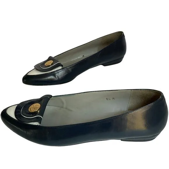 Vintage Pappagallo Navy Blue Leather Flats 8.5M Made in Spain Gold Anchor