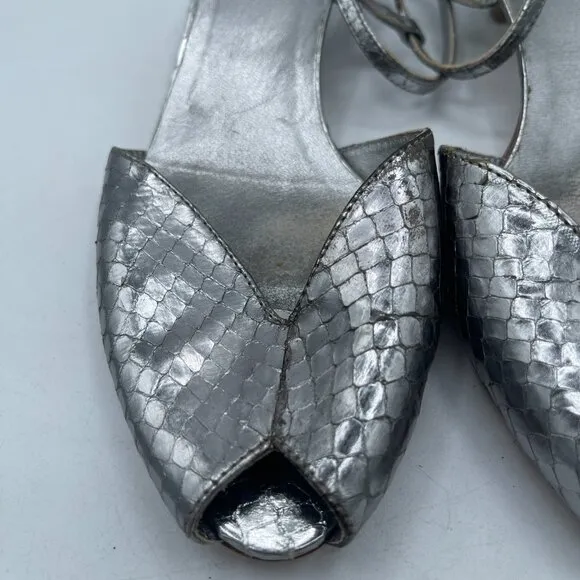 Vintage Prada Silver Python-Embossed Kitten Heel Sandals | Size 36.5 | RARE