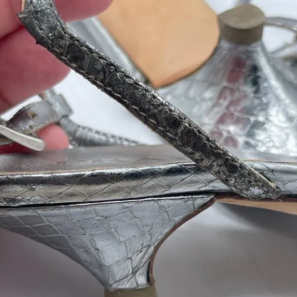 Vintage Prada Silver Python-Embossed Kitten Heel Sandals | Size 36.5 | RARE