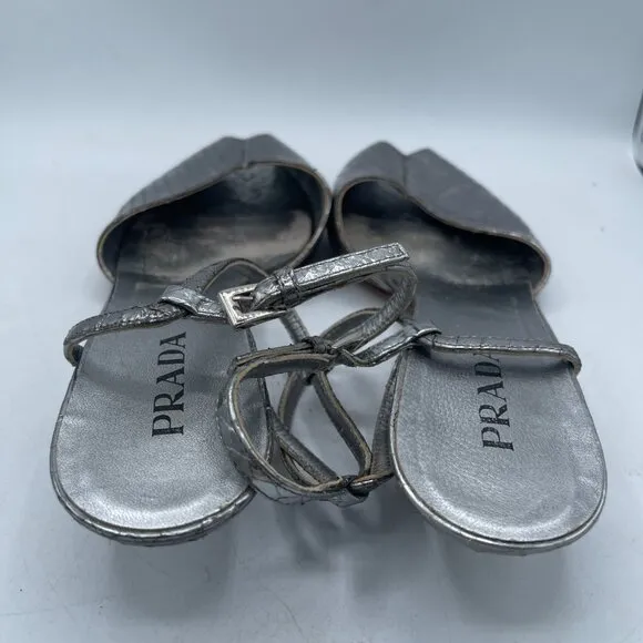 Vintage Prada Silver Python-Embossed Kitten Heel Sandals | Size 36.5 | RARE