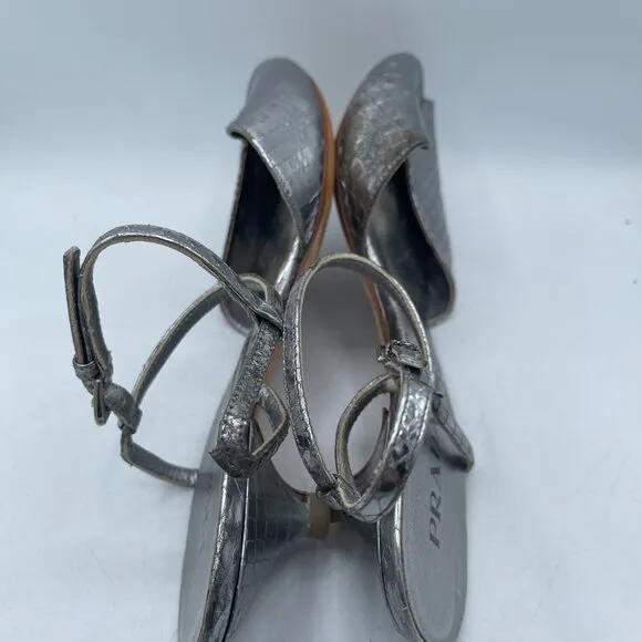 Vintage Prada Silver Python-Embossed Kitten Heel Sandals | Size 36.5 | RARE