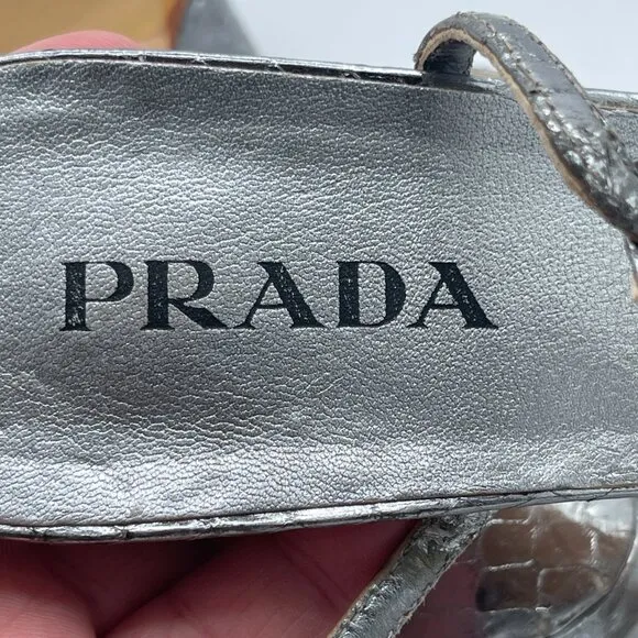 Vintage Prada Silver Python-Embossed Kitten Heel Sandals | Size 36.5 | RARE
