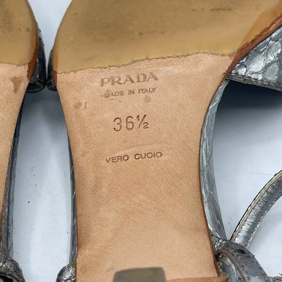 Vintage Prada Silver Python-Embossed Kitten Heel Sandals | Size 36.5 | RARE