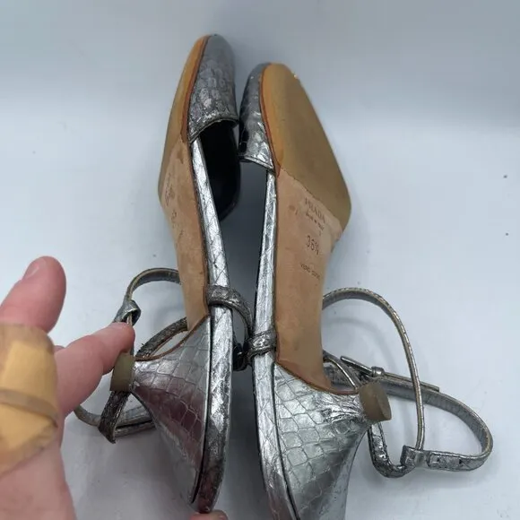 Vintage Prada Silver Python-Embossed Kitten Heel Sandals | Size 36.5 | RARE