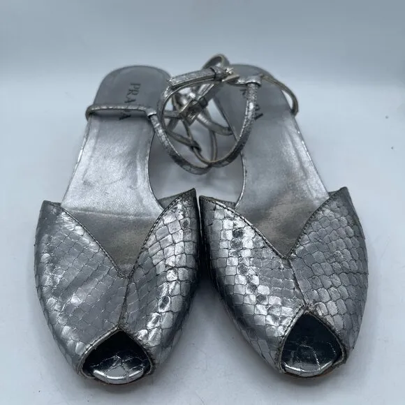 Vintage Prada Silver Python-Embossed Kitten Heel Sandals | Size 36.5 | RARE