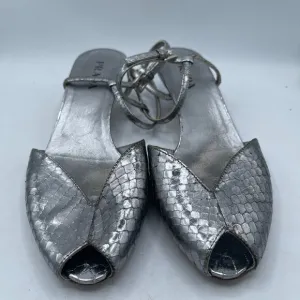 Vintage Prada Silver Python-Embossed Kitten Heel Sandals | Size 36.5 | RARE