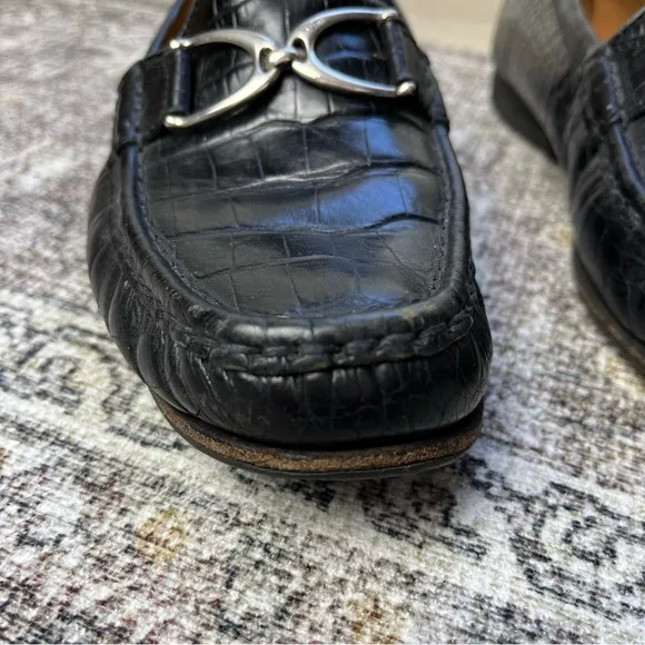 Vintage Ralph Lauren Black Leather Loafers 9.5 Made in Brazil Crocodile Texture
