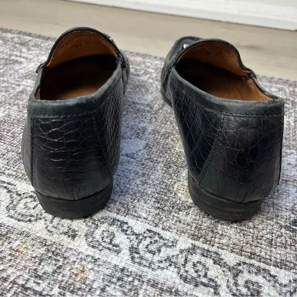 Vintage Ralph Lauren Black Leather Loafers 9.5 Made in Brazil Crocodile Texture