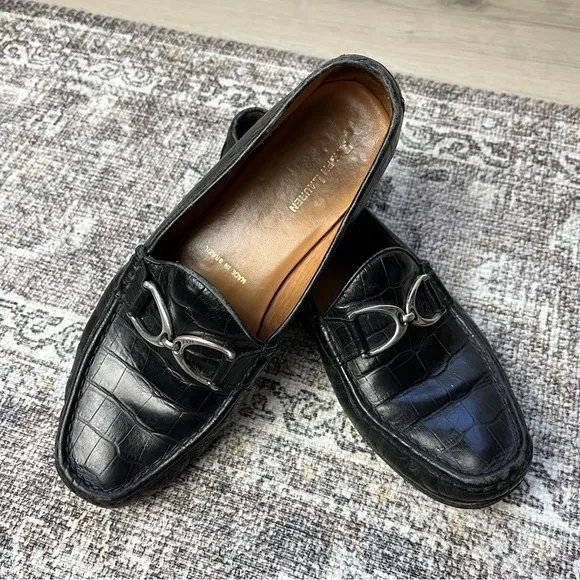 Vintage Ralph Lauren Black Leather Loafers 9.5 Made in Brazil Crocodile Texture
