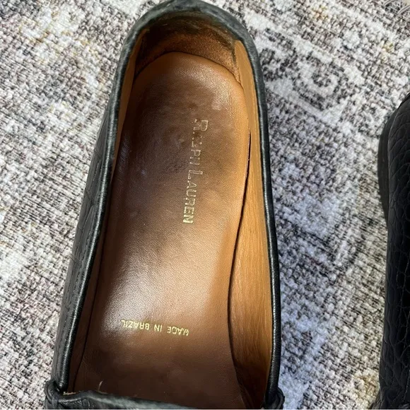 Vintage Ralph Lauren Black Leather Loafers 9.5 Made in Brazil Crocodile Texture