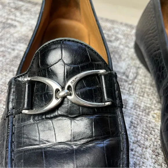 Vintage Ralph Lauren Black Leather Loafers 9.5 Made in Brazil Crocodile Texture