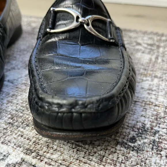Vintage Ralph Lauren Black Leather Loafers 9.5 Made in Brazil Crocodile Texture