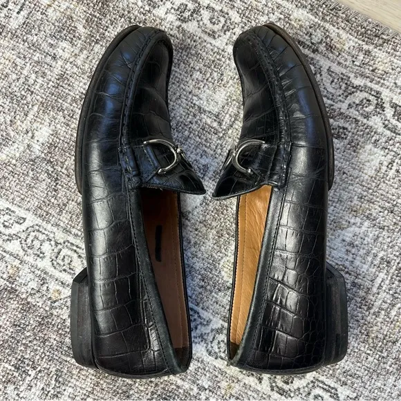 Vintage Ralph Lauren Black Leather Loafers 9.5 Made in Brazil Crocodile Texture