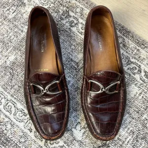 Vintage Ralph Lauren Brown Leather Loafers 10 B Made in Brazil Crocodile Texture