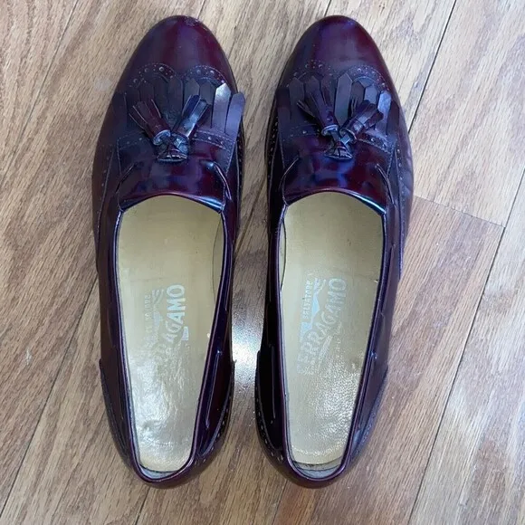 VINTAGE Salvatore Ferragamo Shoes Mens 8.5 Burgundy Leather Kilt Tassel Loafer