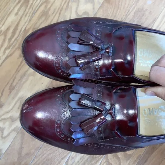 VINTAGE Salvatore Ferragamo Shoes Mens 8.5 Burgundy Leather Kilt Tassel Loafer
